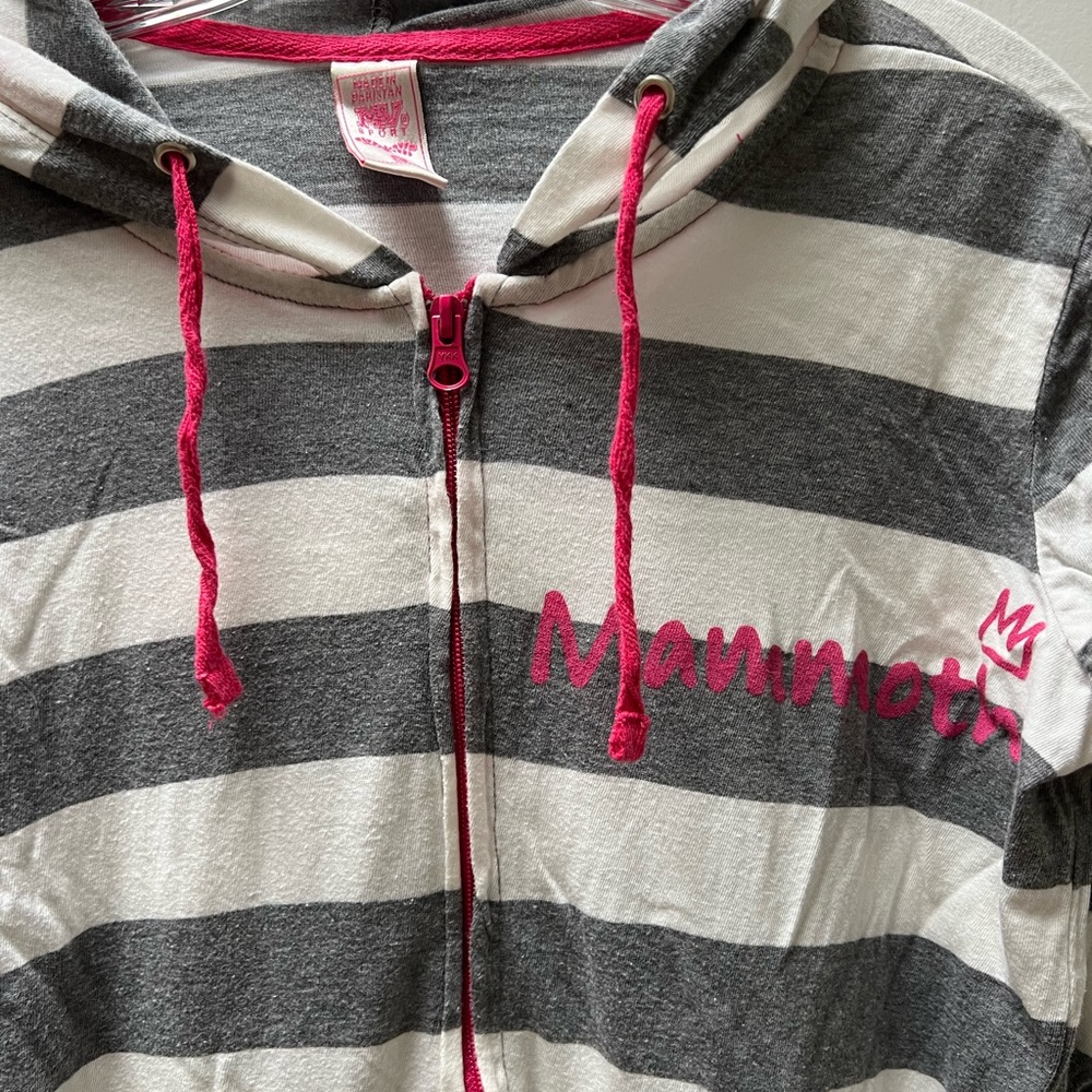 Mammoth Mountain zip up hoodie with gray/white stripes and hot pink details in S